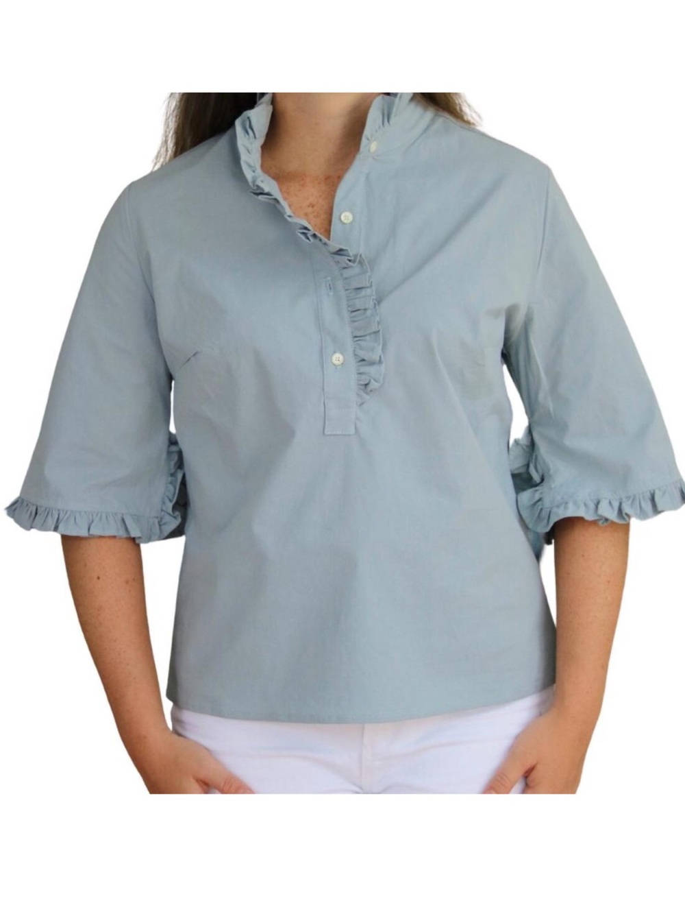 Never A Wallflower Ruffle Neck Poplin Blouse Light Blue Size Medium